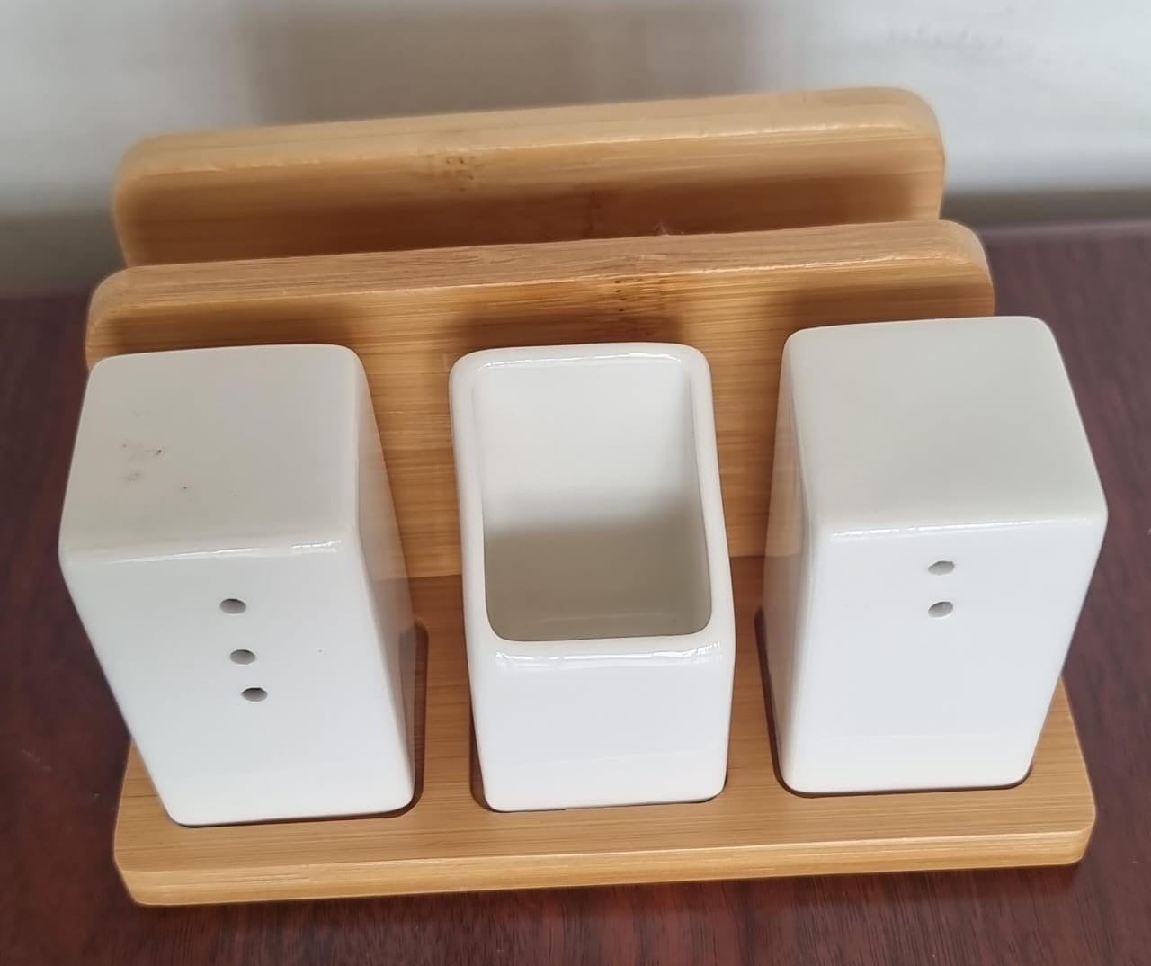 SALT SHAKER TOOTHPICK holder NAPKIN holder on BAMBOO BASE