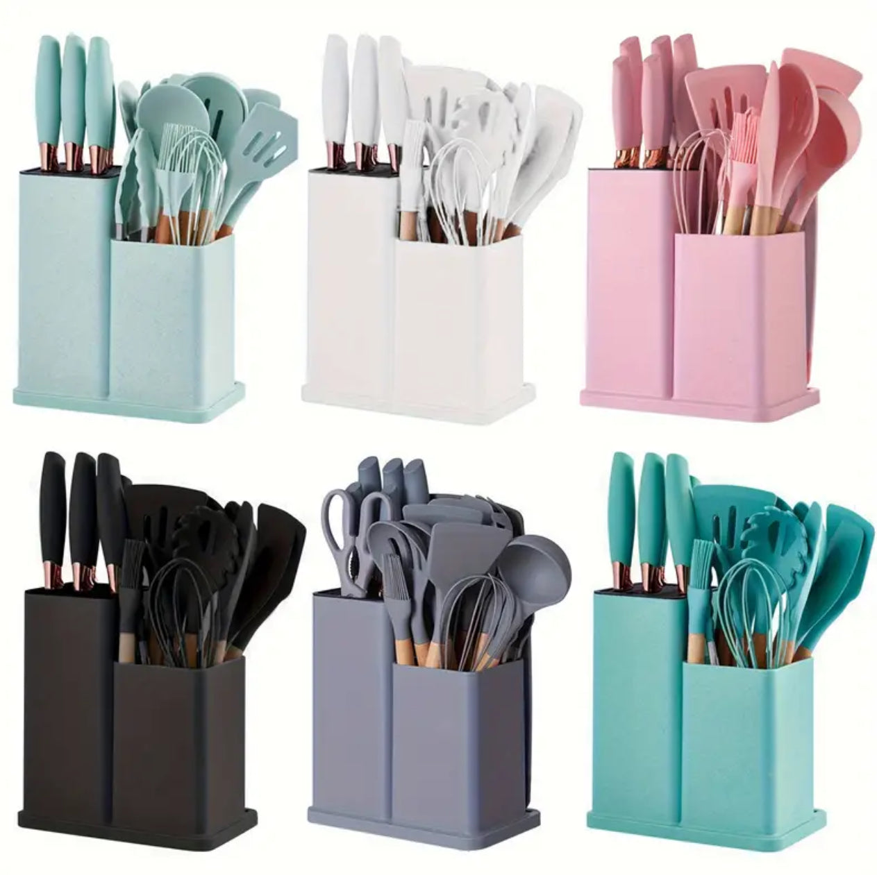 19pcs heat resistant silicone cooking kitchen spoon set with knives and chop board