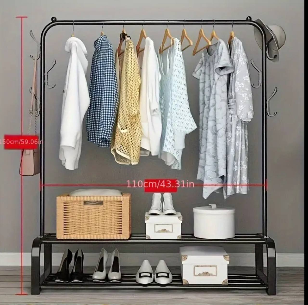 Cloth Rack With Double Lower Storage Shelf for Boxes /Shoes And Side Hooks for bag,scarfts etc