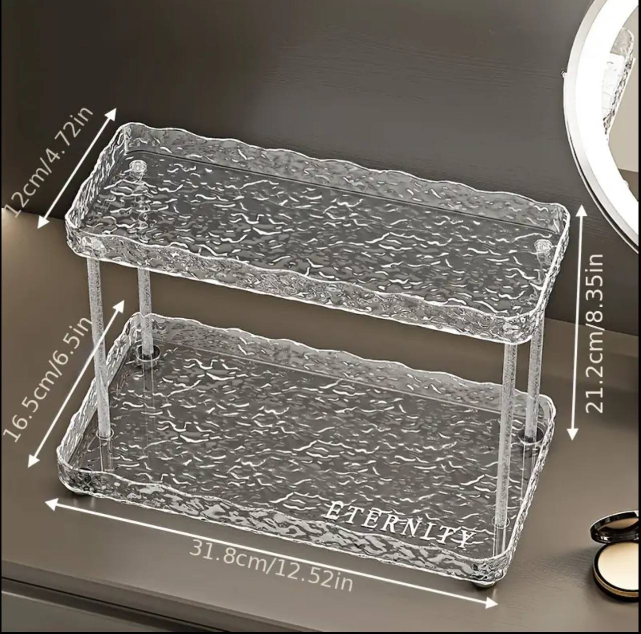 Two tier crystal-like makeup organizer.