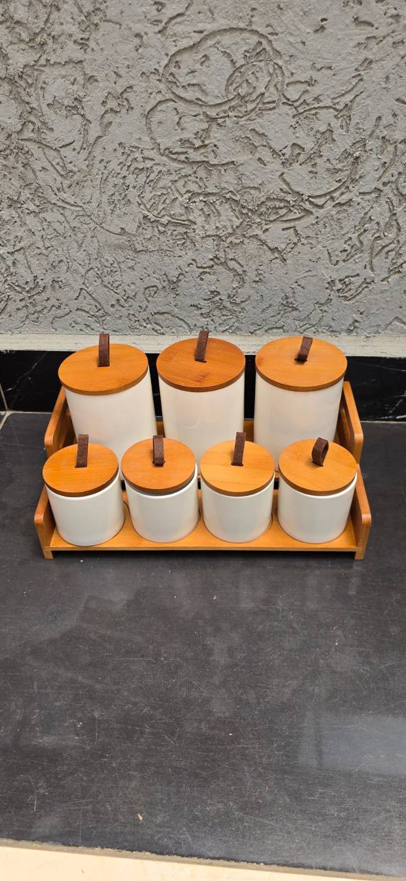 7pcs Ceramic Canisters Set with Bamboo Stand