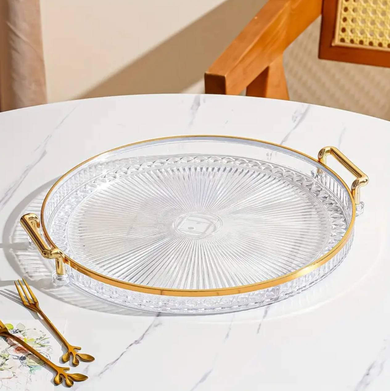 Acrylic Round Vanity Tray with Gold Handles
