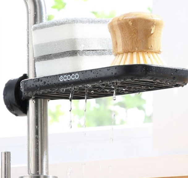 Adjustable sink faucet storage rack