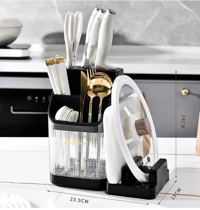 Kitchen multifunction cutlery storage organizer with detachable chopping board/pot lid holder