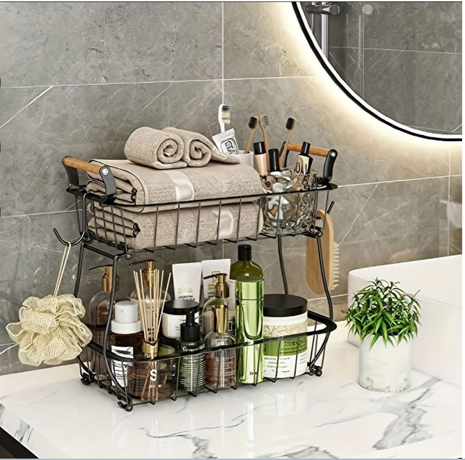 2 tier detachable Nordic metallic fruit/vegetable basket/rack with wooden handles and banana holder