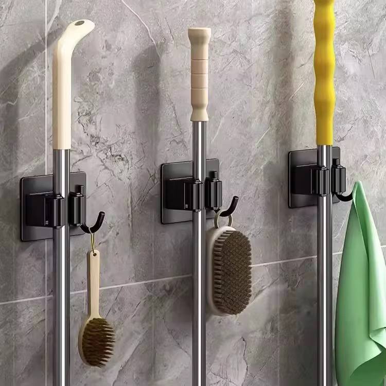 3pc Mop Holder Wall Mounted, Stainless Steel Self Adhesive Mop Broom Holder with Hooks