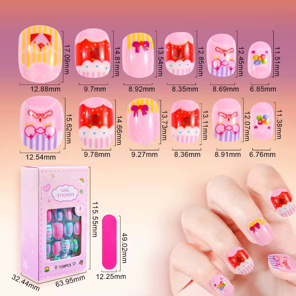 120/24pcs/box Kids Cartoon Pattern Wearing Fake Nails