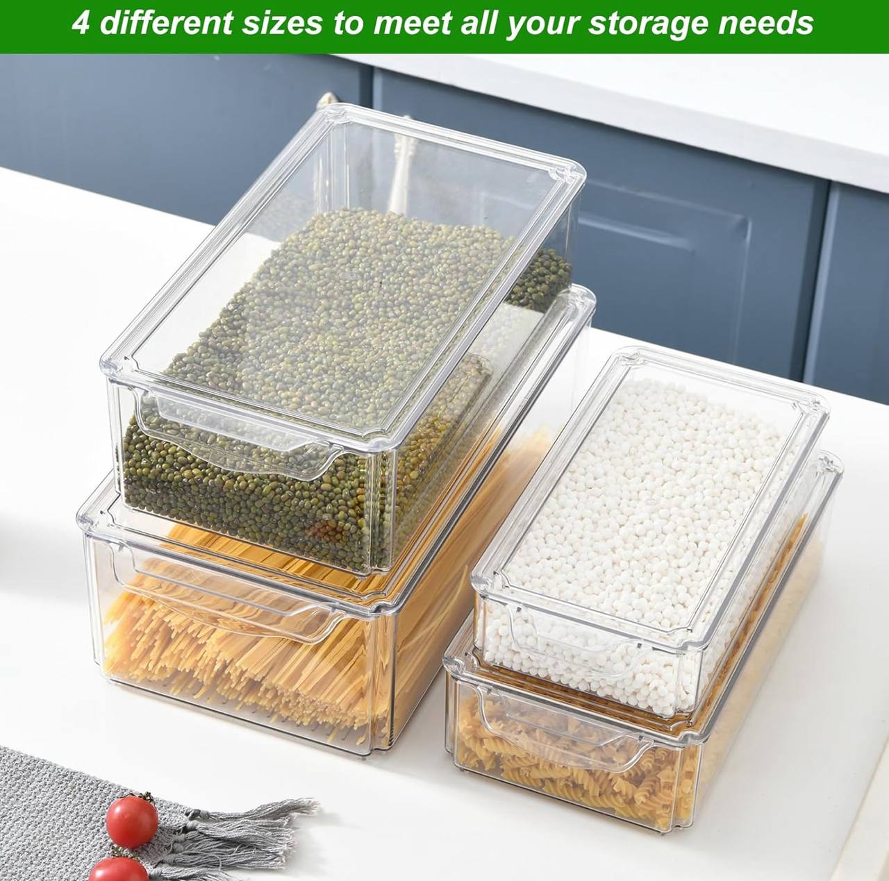 4 pcs Big capacity BPA-Free Stackable acrylic Fridge Organizer Bins with Lids