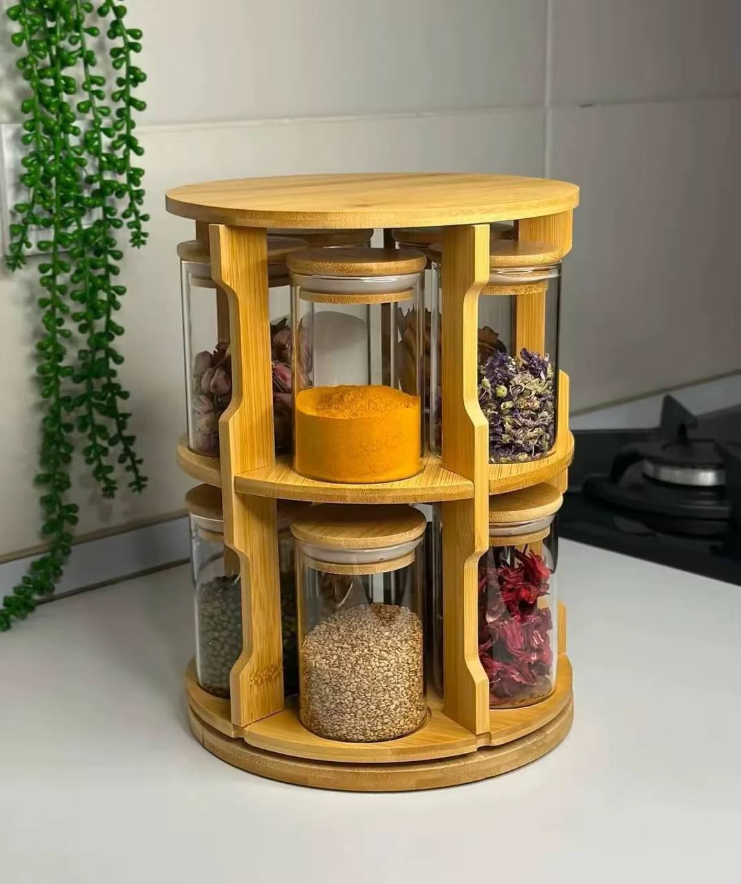 360 Degree Rotating Tabletop Spice Bamboo Rack