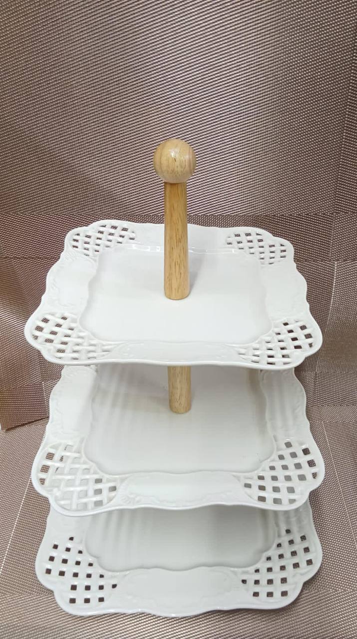 3layer ceramic cake stand with bamboo stand.