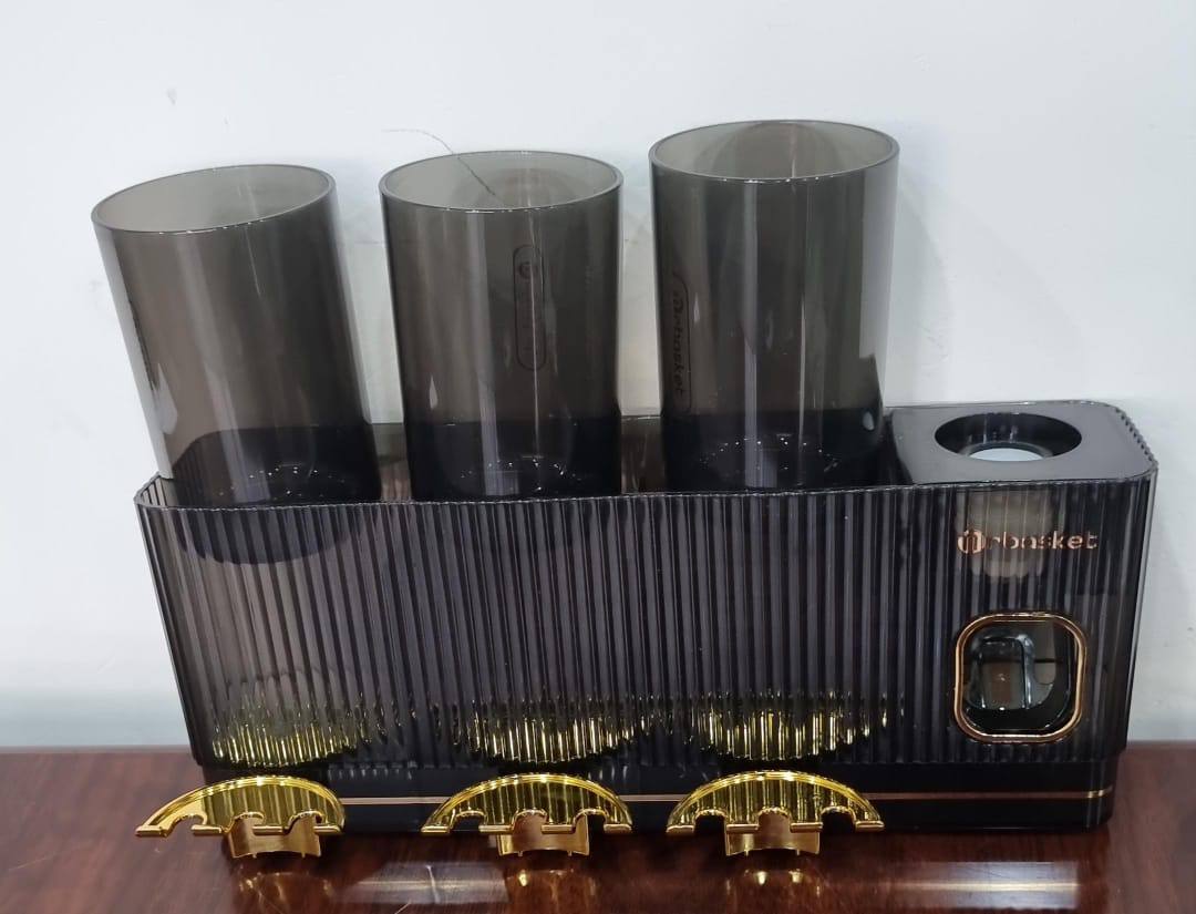 Acrylic Integrated inverted toothbrush holder, toothpaste dispenser, 3 cups bathroom organizer