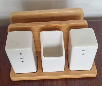 SALT SHAKER TOOTHPICK holder NAPKIN holder on  BAMBOO BASE