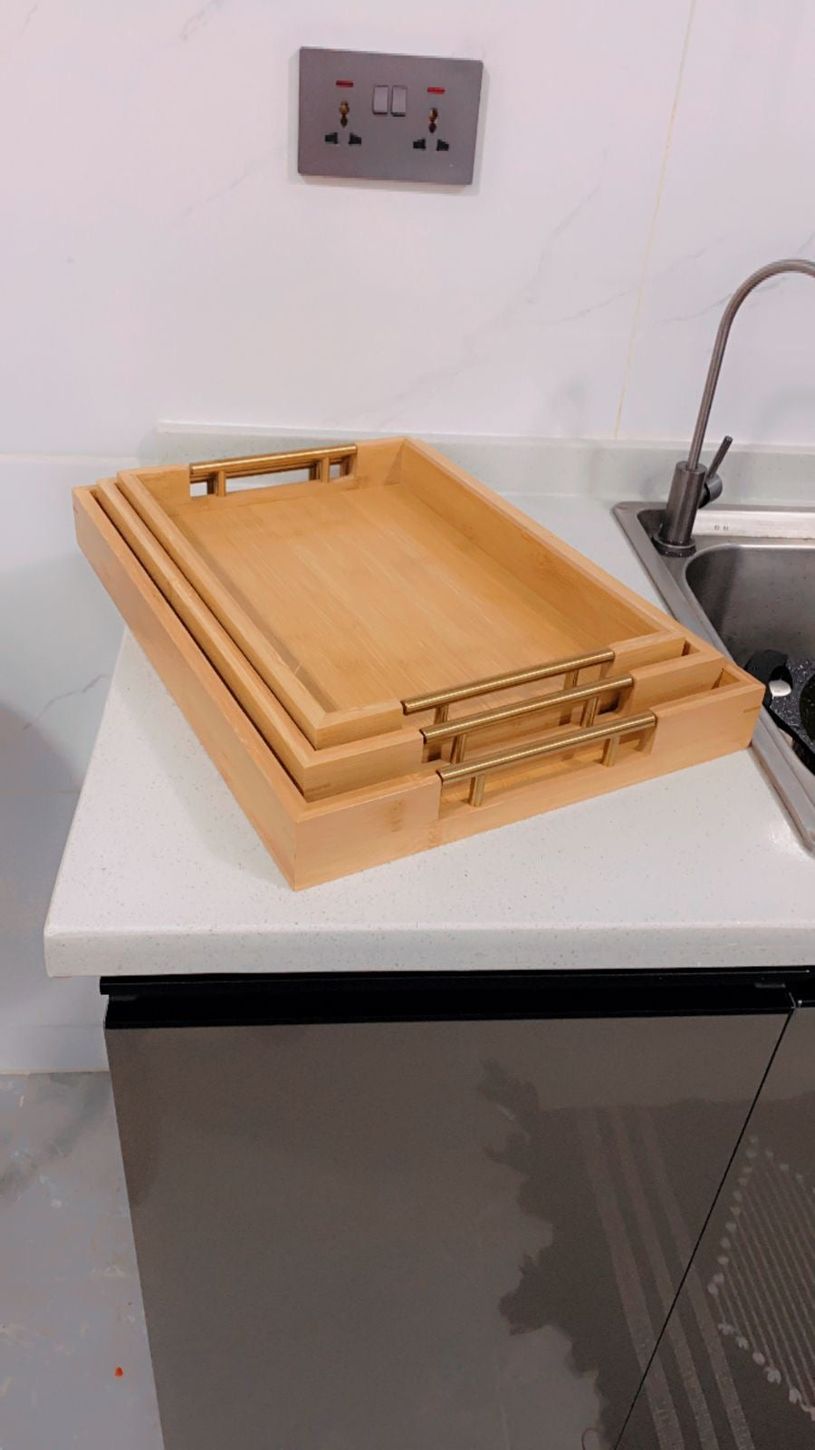 3pcs  Eco-friendly Bamboo Serving Trays with Gold Handles