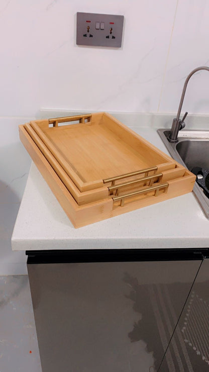 3pcs  Eco-friendly Bamboo Serving Trays with Gold Handles