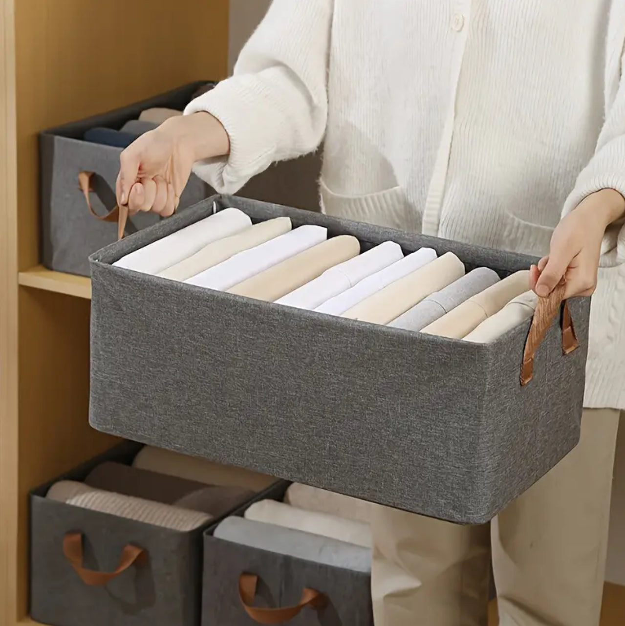 Collapsible HEAVY DUTY HARD Fabric Closet Organizer with handles and metallic support