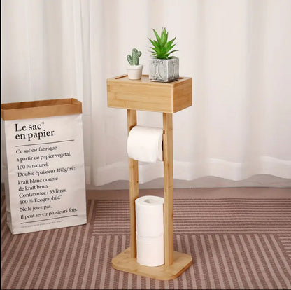 Eco-friendly bamboo toilet tissue holder with upper  storage and phone placement/holder