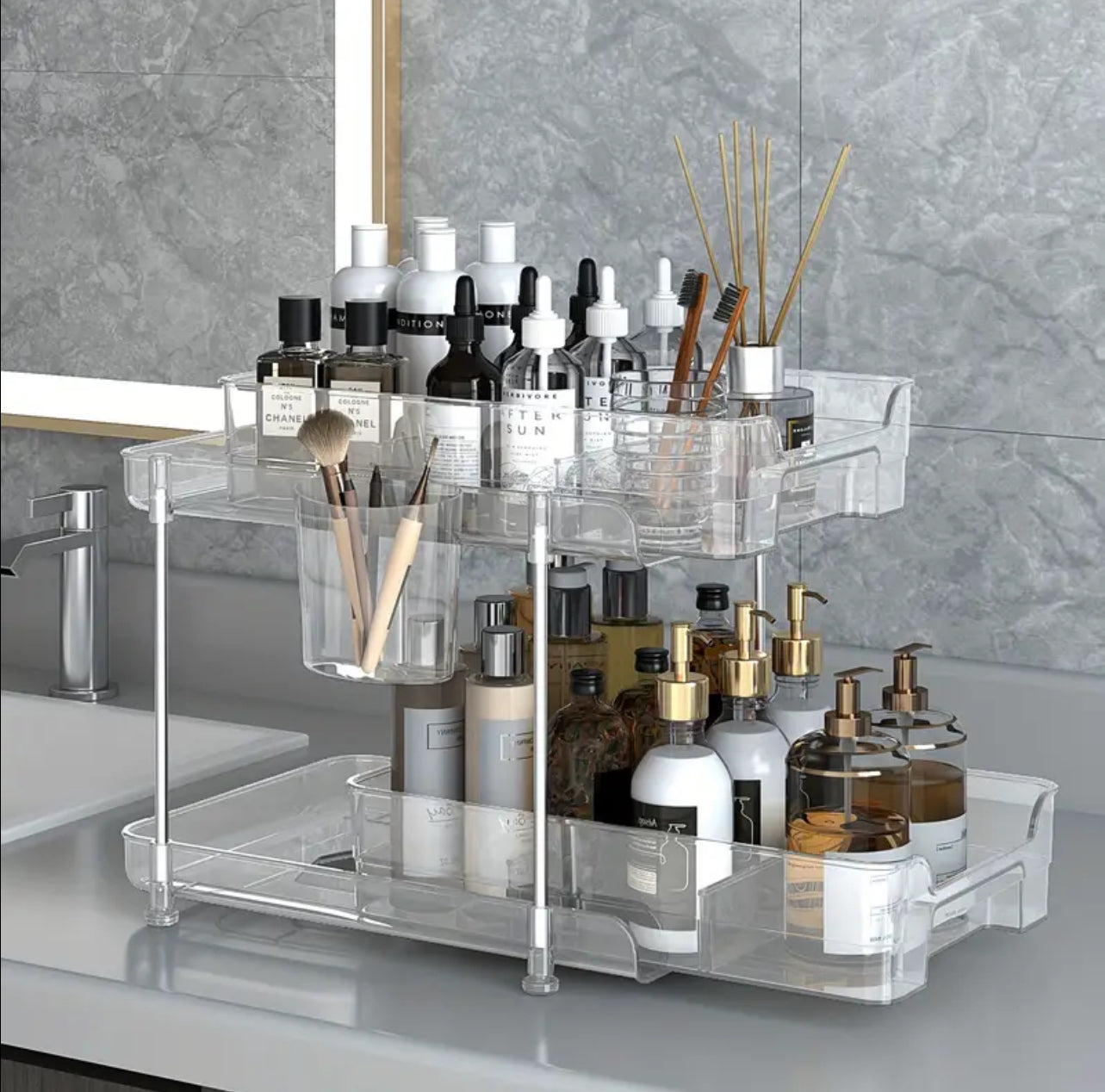 2 tier multifunctional clear organising tray with dividers