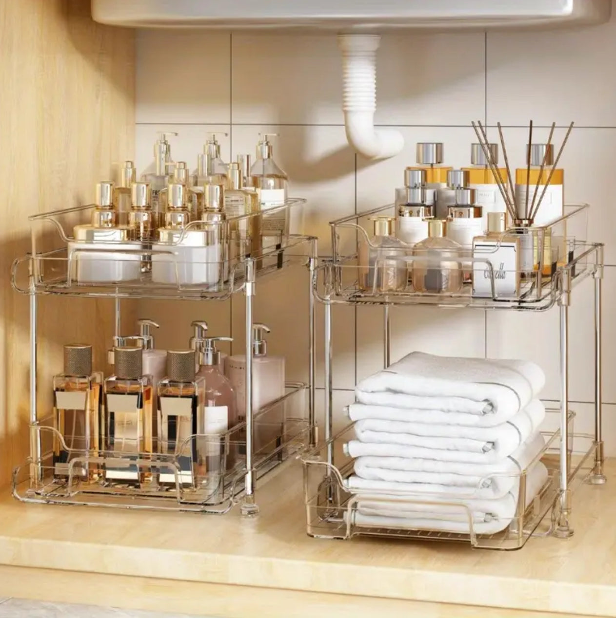 2 tier multifunctional clear organising tray with dividers