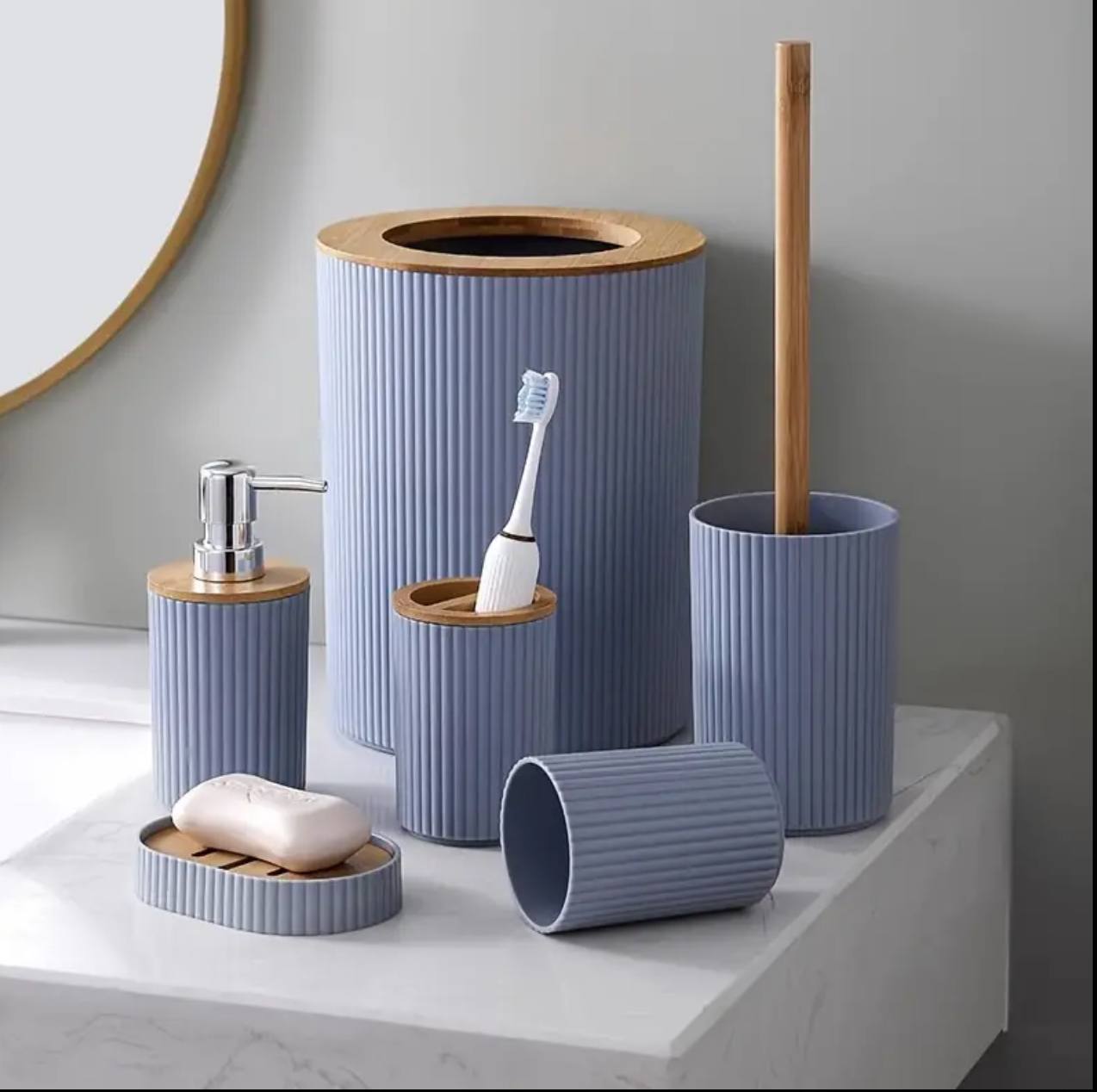 6 in 1 bathroom accessories set with wooden ring