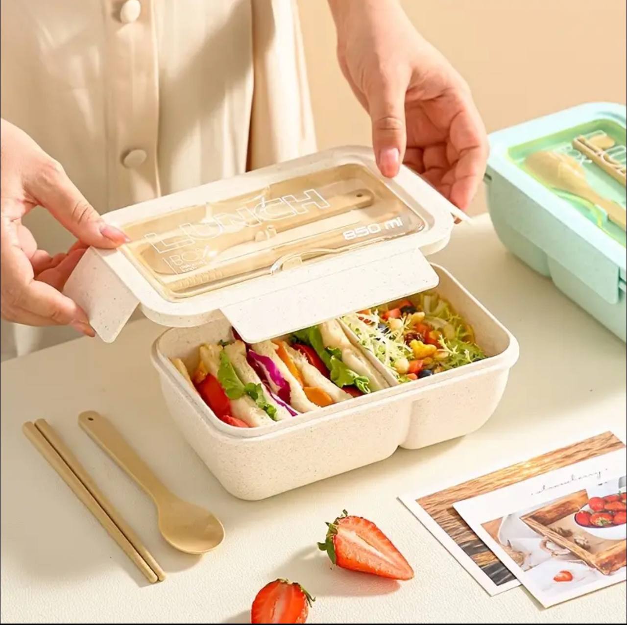 BENTO LUNCH BOX WITH 2 COMPARTMENT AND SPOONS