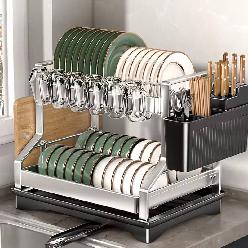 201ss Material 2-Tier Kitchen Dish Rack with drain tray