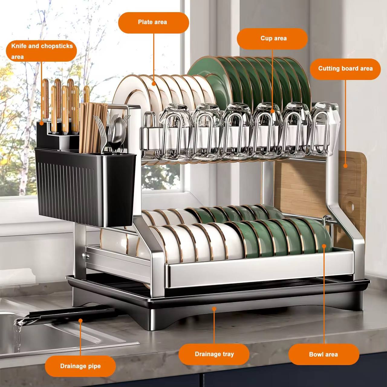 201ss Material 2-Tier Kitchen Dish Rack with drain tray