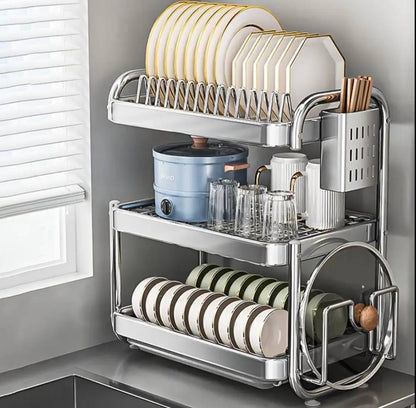 201ss Material 3-Tier Kitchen Chrome plated  Dish Rack with drain tray