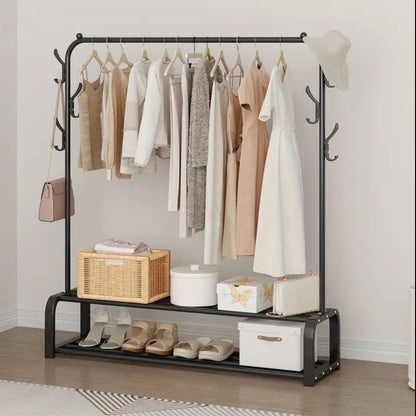 Cloth Rack With Double Lower Storage Shelf for Boxes /Shoes And Side Hooks for bag,scarfts etc
