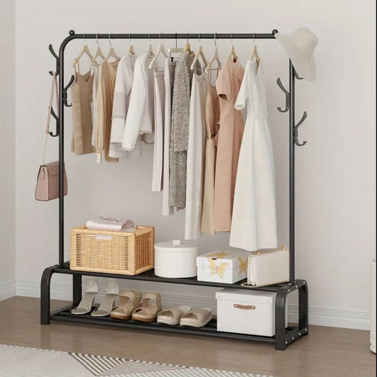 Cloth Rack With Double Lower Storage Shelf for Boxes /Shoes And Side Hooks for bag,scarfts etc
