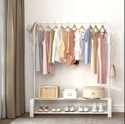 Cloth Rack With Double Lower Storage Shelf for Boxes /Shoes And Side Hooks for bag,scarfts etc