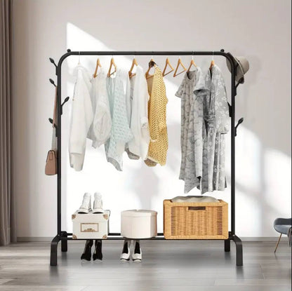 Clothing Rack With Lower Storage Shelf for Boxes /Shoes And Side Hooks