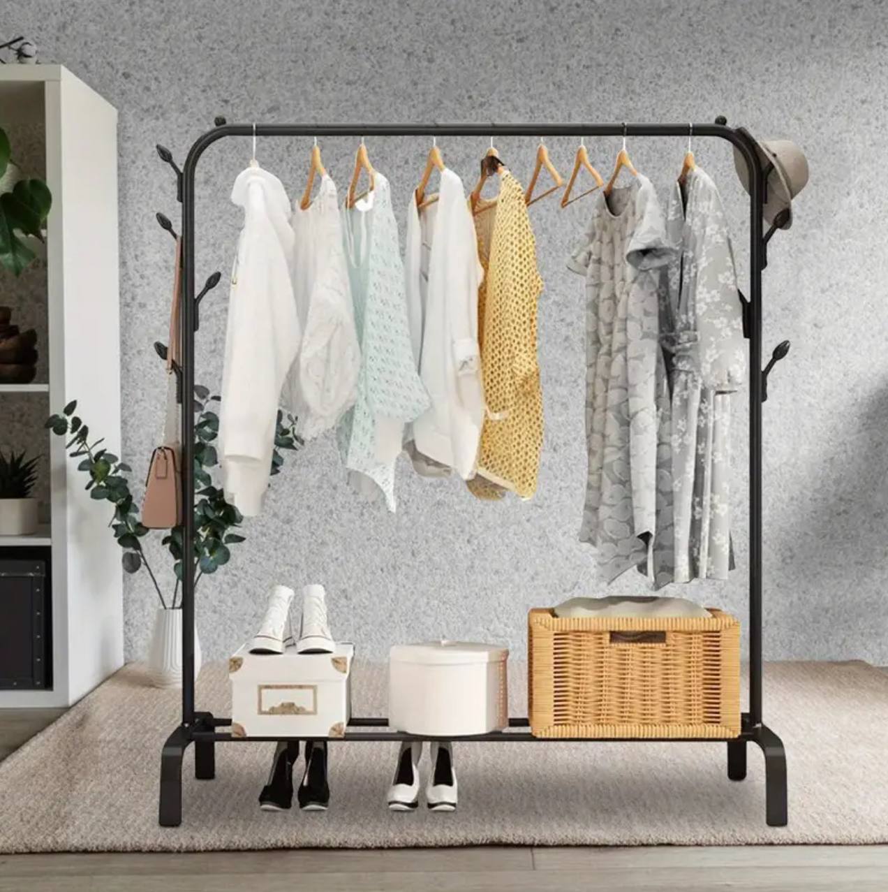 Clothing Rack With Lower Storage Shelf for Boxes /Shoes And Side Hooks