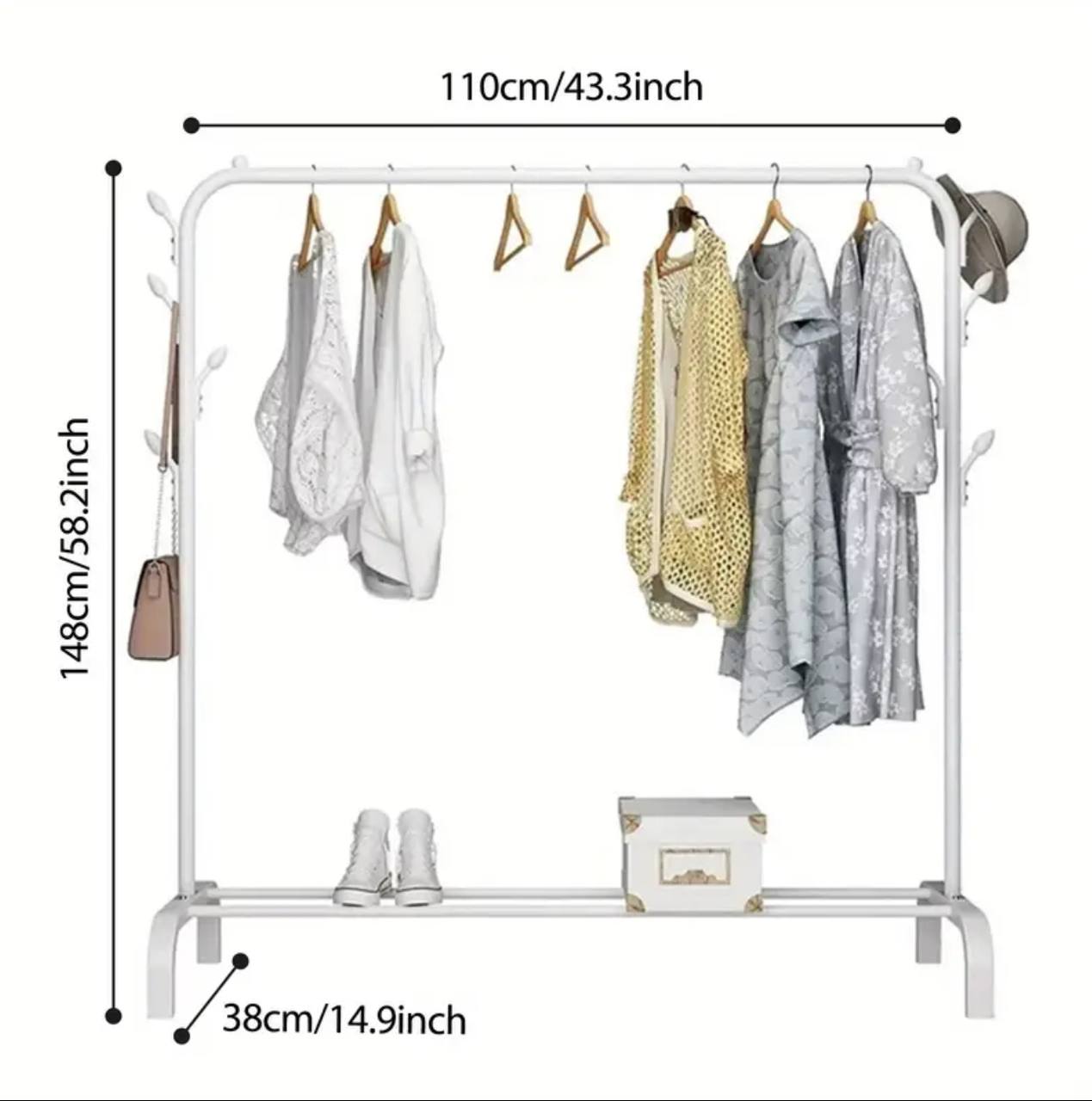 Clothing Rack With Lower Storage Shelf for Boxes /Shoes And Side Hooks