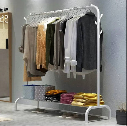 Clothing Rack With Lower Storage Shelf for Boxes /Shoes And Side Hooks