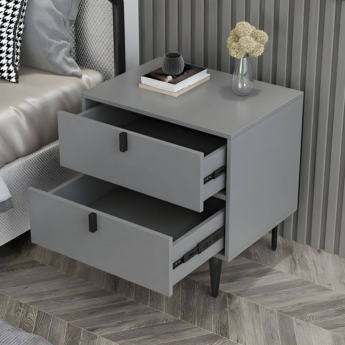 Wood Nightstand with 2 Drawers in Small Size for Modern Bedroom