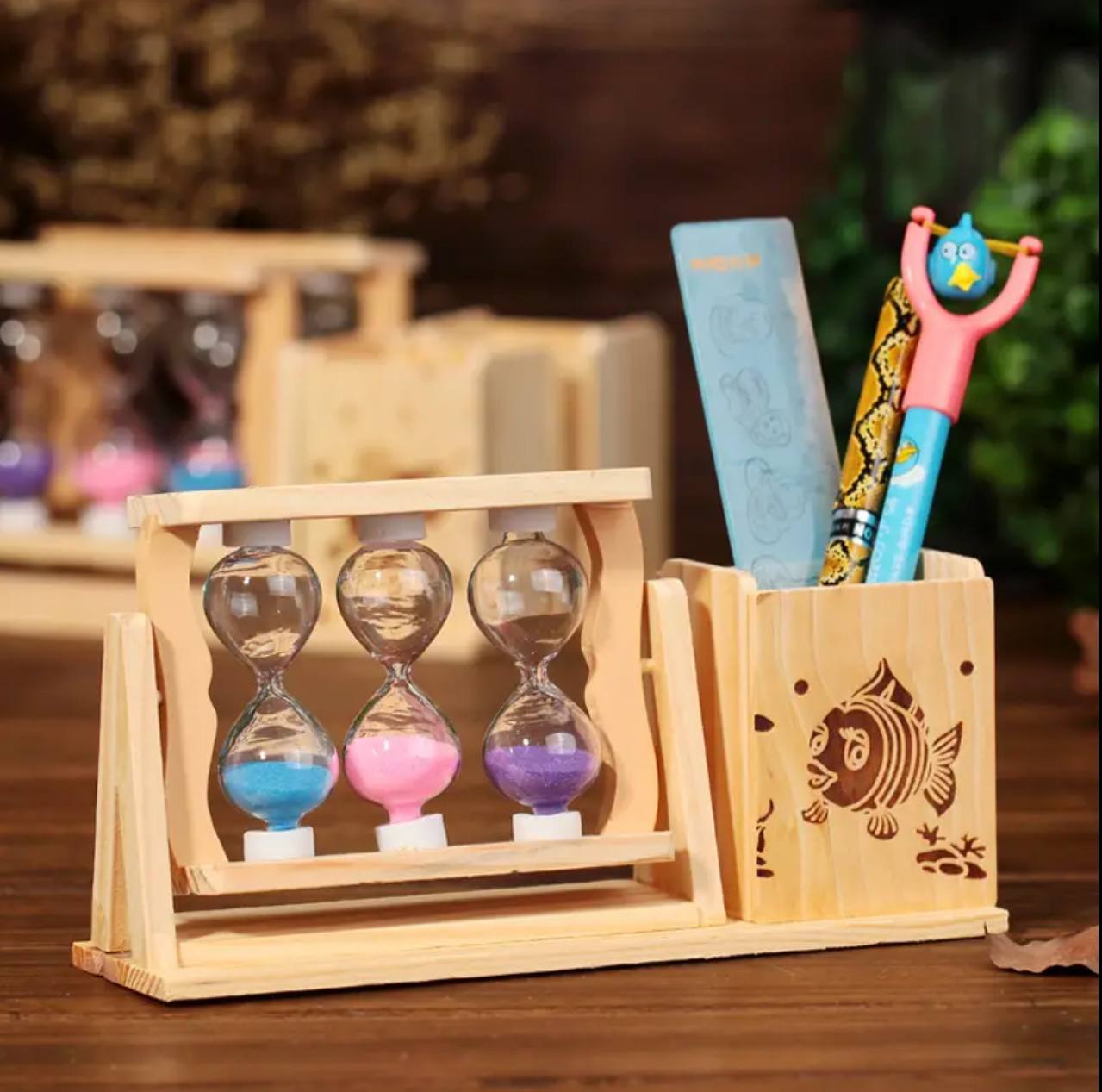 Handicraft Wooden Pen Stand with 3 Hourglass Timer