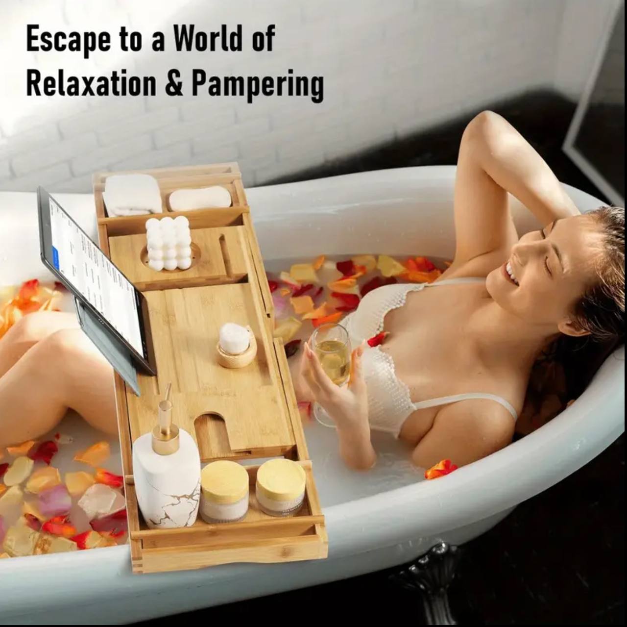 Expandable Bamboo Bathtub Caddy Tray / Breakfast Bed Table with Stands