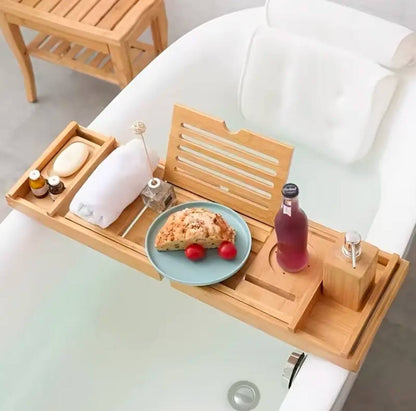 Expandable Bamboo Bathtub Caddy Tray / Breakfast Bed Table with Stands