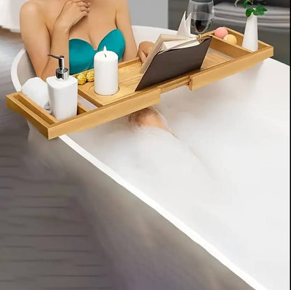 Expandable Bamboo Bathtub Caddy Tray / Breakfast Bed Table with Stands