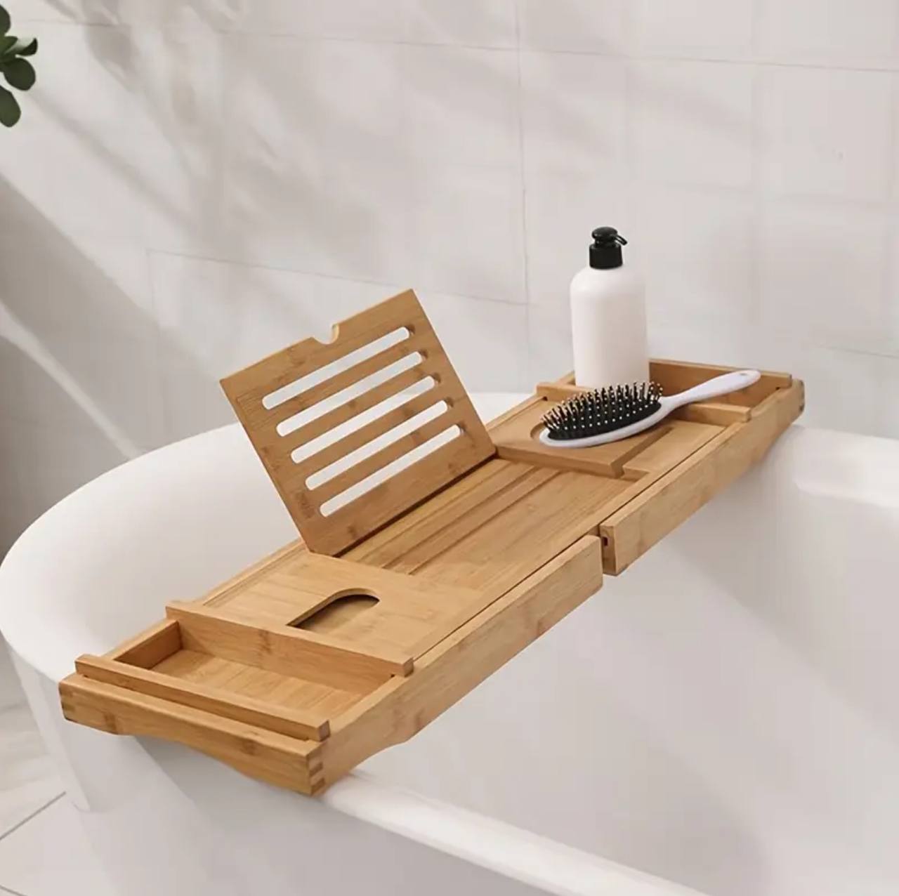 Expandable Bamboo Bathtub Caddy Tray / Breakfast Bed Table with Stands