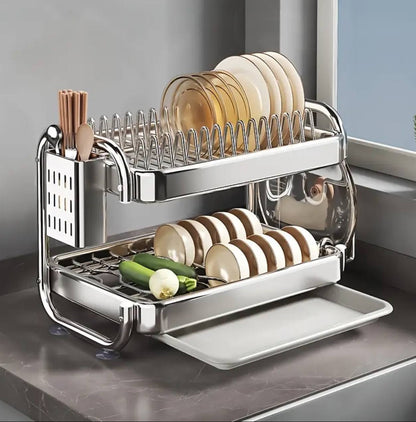 201ss Material 2-Tier Kitchen Chrome plated Dish Rack with drain tray