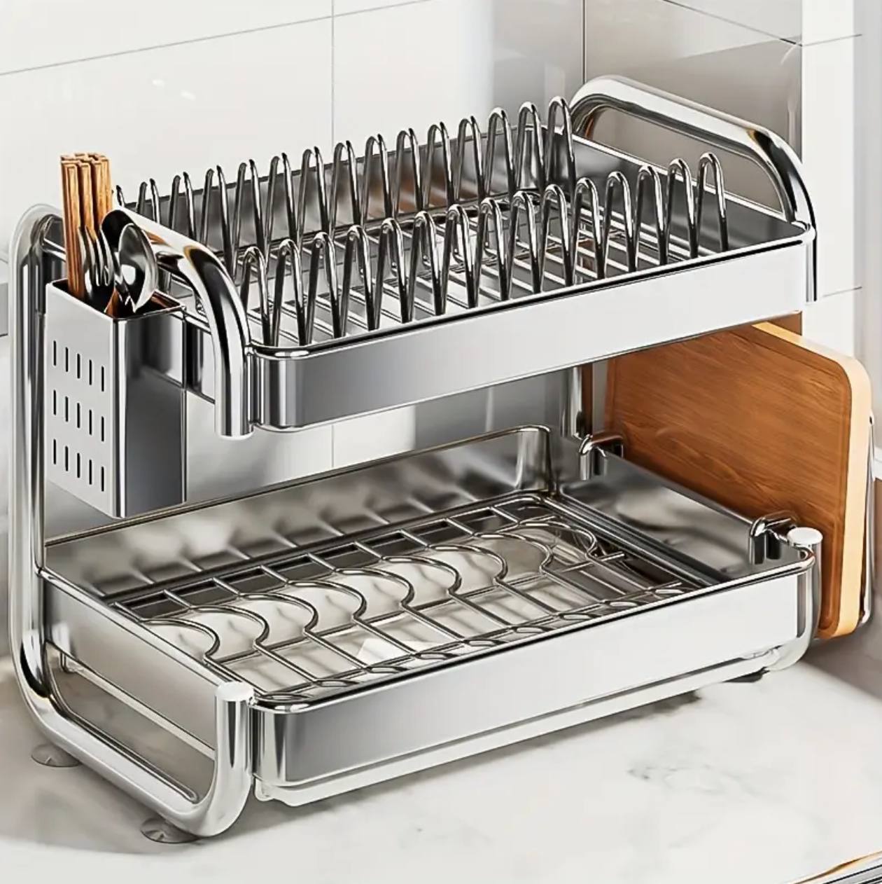 201ss Material 2-Tier Kitchen Chrome plated Dish Rack with drain tray