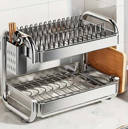 201ss Material 2-Tier Kitchen Chrome plated Dish Rack with drain tray