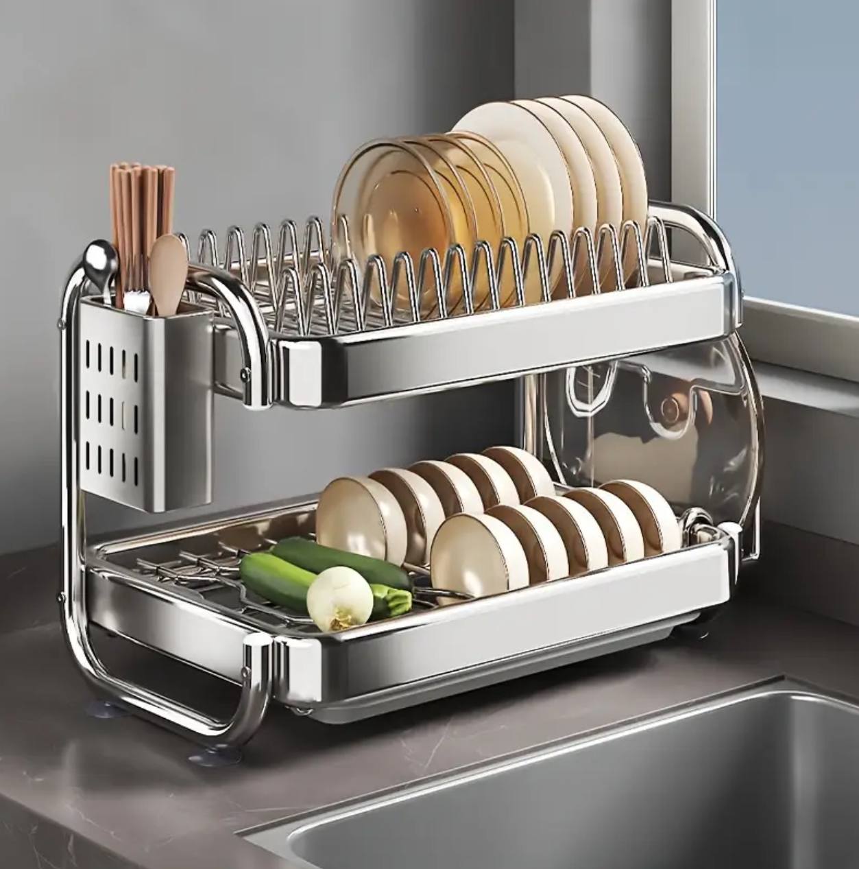 201ss Material 2-Tier Kitchen Chrome plated Dish Rack with drain tray