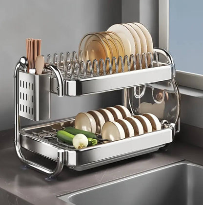 201ss Material 2-Tier Kitchen Chrome plated Dish Rack with drain tray