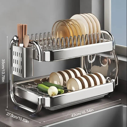 201ss Material 2-Tier Kitchen Chrome plated Dish Rack with drain tray