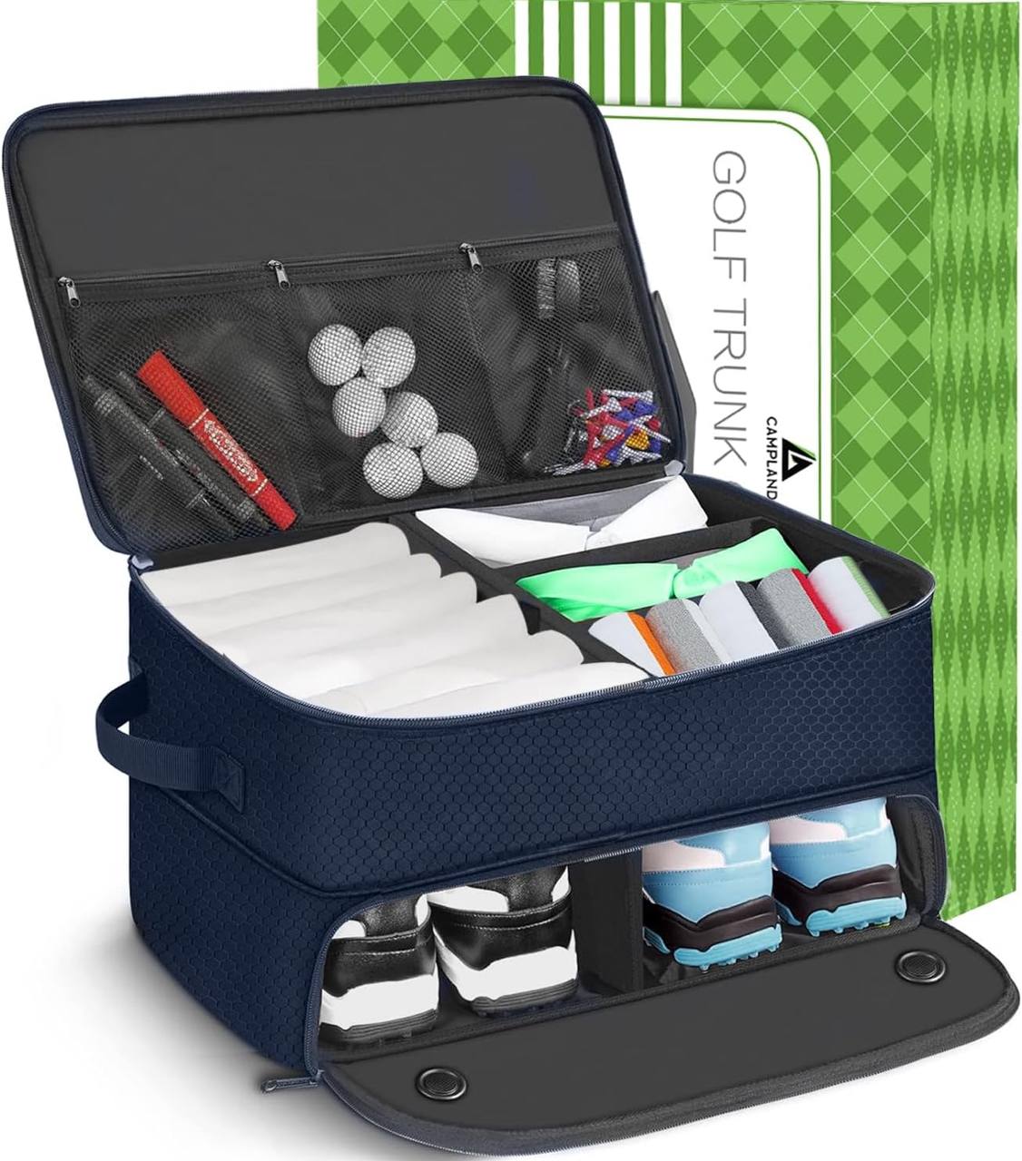 2 Layers Golf Trunk Organizer with Compartments for Golf Essentials