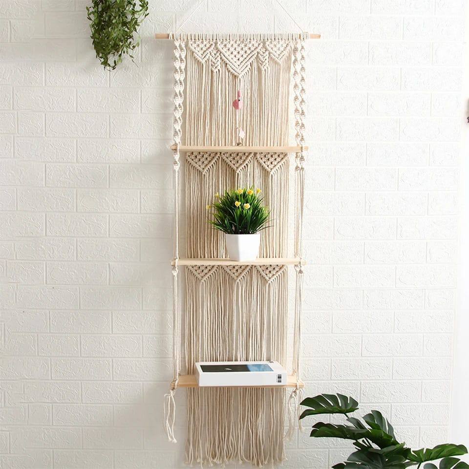 Woven Tapestry 3 Tier Bohemian wall hanging Floating shelves