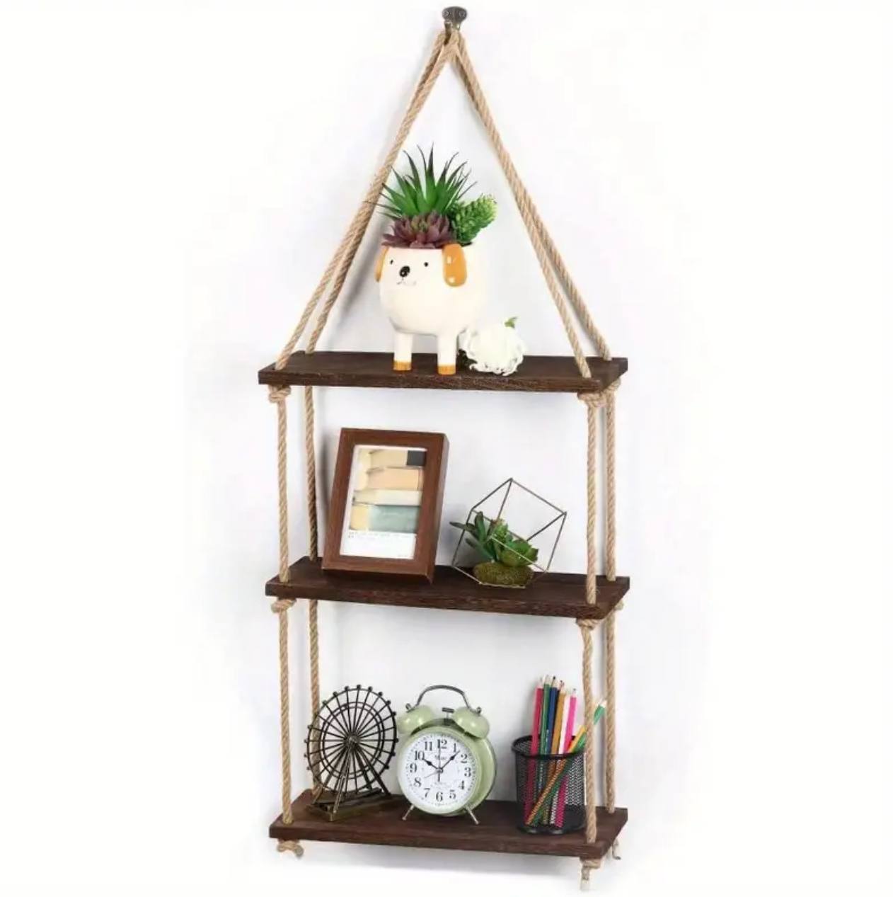 3 Tier Wooden  Floating Shelf / Hanging Rope Organizer Rack