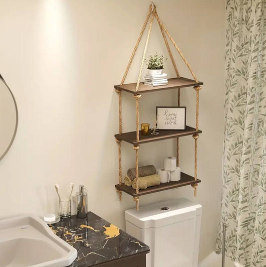 3 Tier Wooden  Floating Shelf / Hanging Rope Organizer Rack